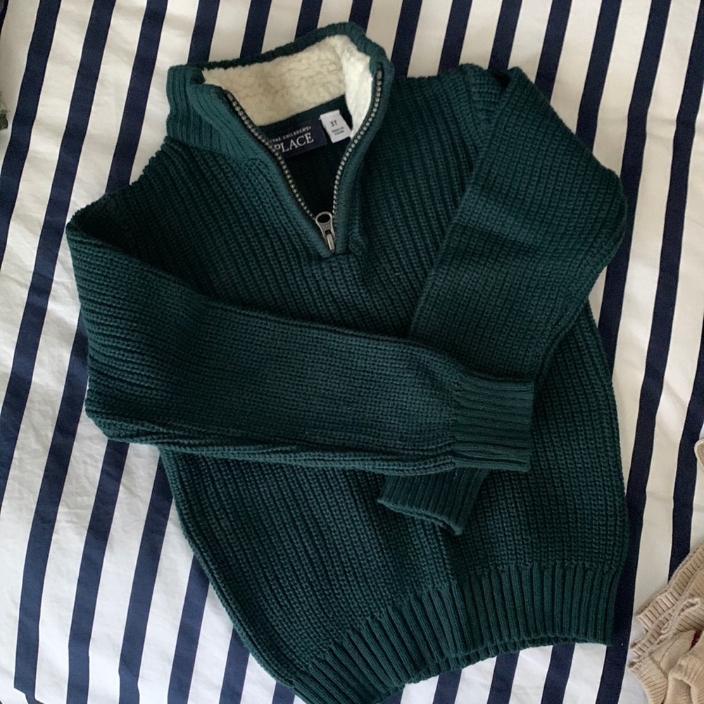 Toddler Boys Dark Green Quarter-Zip Sweater. Faux Sherpa lined Collar. Size 3T